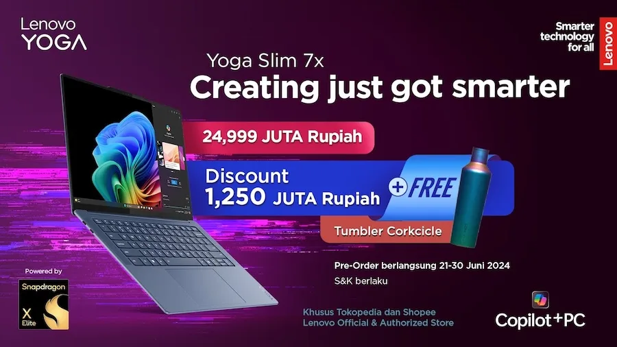 Lenovo Indonesia Buka Pre-order Yoga™ Slim 7x, Usung Prosesor Snapdragon X Elite